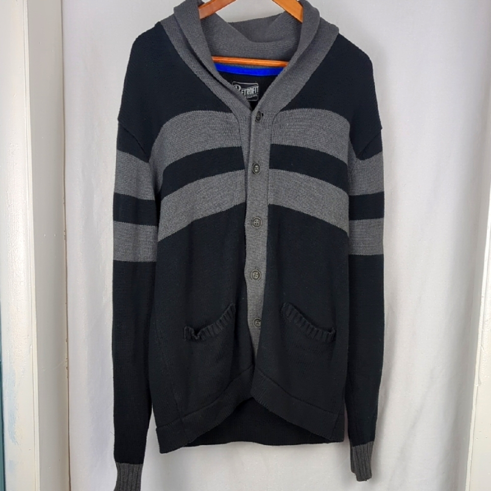 RETROFIT Men's Black Gray Stripe Varsity Academia Cardigan